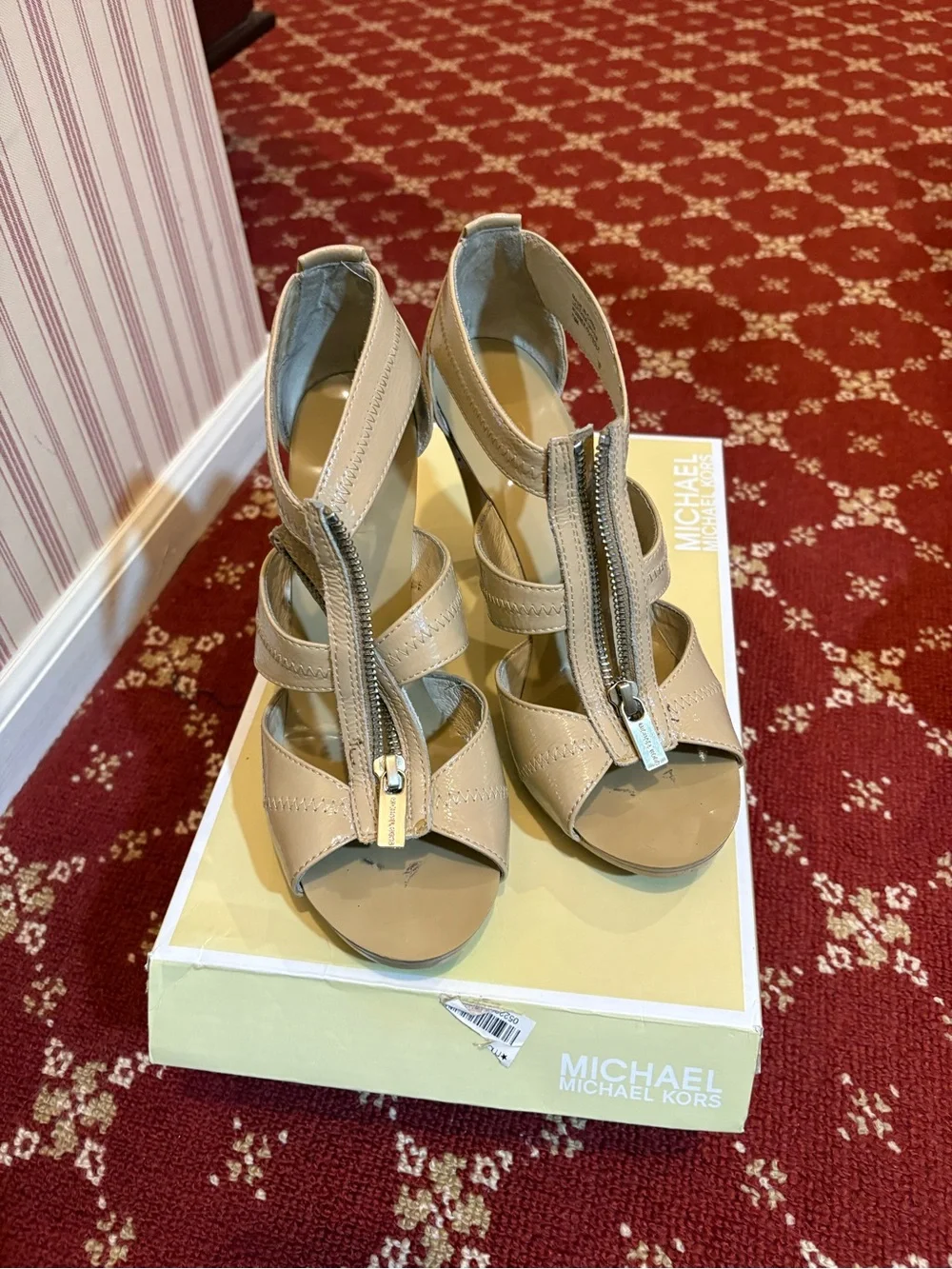 Michael Kors Women’s Beige Zipper Front Wedge Sandals